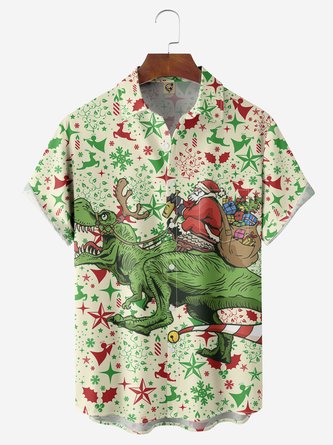 Christmas Dinosaur Chest Pocket Short Sleeve Casual Shirt