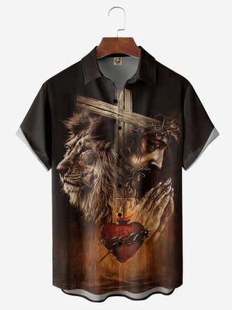 Easter Jesus Cross Lion Chest Pocket Short Sleeve Shirt