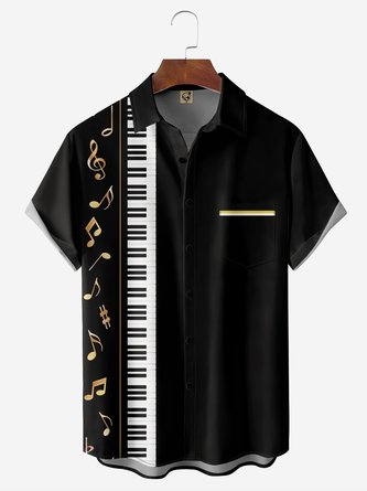 Music Piano Chest Pocket Short Sleeve Bowling Shirt