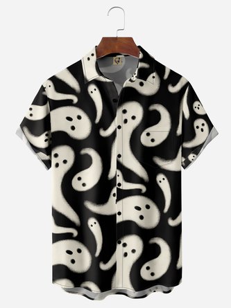 Halloween Ghost Chest Pocket Short Sleeve Casual Shirt