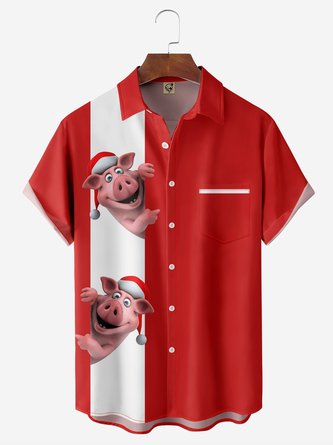 Christmas Pig Chest Pocket Short Sleeve Bowling Shirt