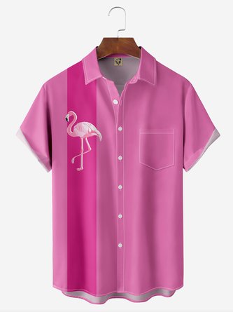 Pink Flamingo Chest Pocket Short Sleeve Bowling Shirt