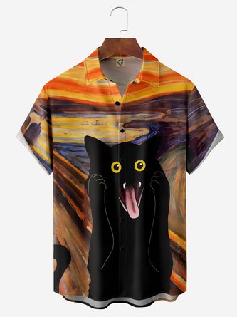 Halloween Black Cat Screams Chest Pocket Short Sleeve Casual Shirt