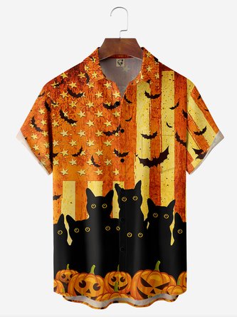American Flag Halloween Black Cat Chest Pocket Short Sleeve Casual Shirt