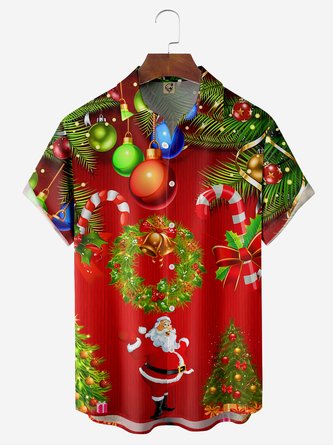 Christmas Candy Cane Chest Pocket Short Sleeve Casual Shirt