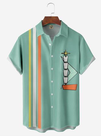 Geometric Pattern Chest Pocket Short Sleeve Bowling Shirt