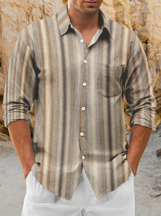 Linen Texture Abstract Stripe Chest Pocket Long Sleeve Casual Shirt