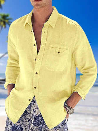 Cotton Plain Chest Pocket Long Sleeve Casual Shirt