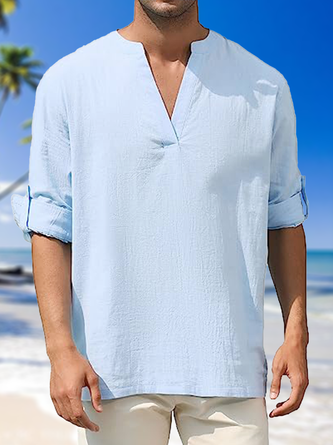 Cotton Plain Long Sleeve V Neck Shirt