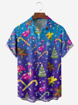 Christmas Flamingo Gingerbread Man Chest Pocket Short Sleeve Holiday Shirt