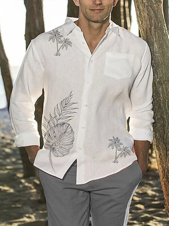 Botanical Palm Chest Pocket Long Sleeve Casual Shirt