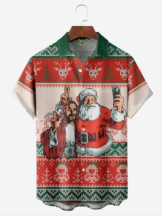Santa Claus Jesus Selfie Ugly Chest Pocket Short Sleeve Holiday Shirt