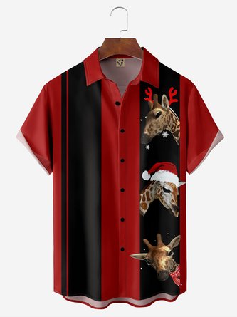 Christmas Deer Chest Pocket Short Sleeve Bowling Shirt
