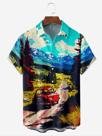 Mountain Camping Vintage Car Chest Pocket Short Sleeve Hawaiian Shirt