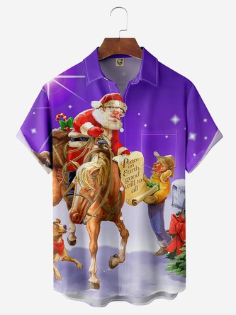 Christmas Cowboy Santa Chest Pocket Short Sleeve Casual Shirt