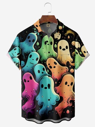 Halloween Ghost Chest Pocket Short Sleeve Hawaiian Shirt