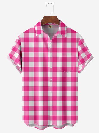 Pink Check Chest Pocket Short Sleeve Casual Shirt | hardaddy