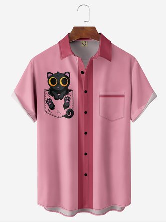 Funny Cat Chest Pocket Short Sleeve Bowling Shirt