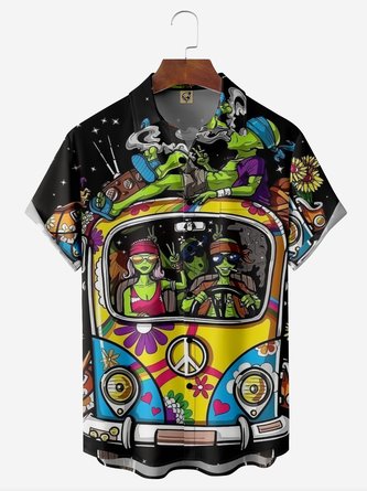 Hippie Alien Chest Pocket Short Sleeve Hawaiian Shirt