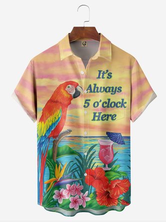 It's Always 5 O'Clock Here Parrot Chest Pocket Short Sleeve Hawaiian Shirt