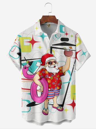 Mid Century Santa Claus Flamingo Swim Chest Pocket Short Sleeve Hawaiian Shirt