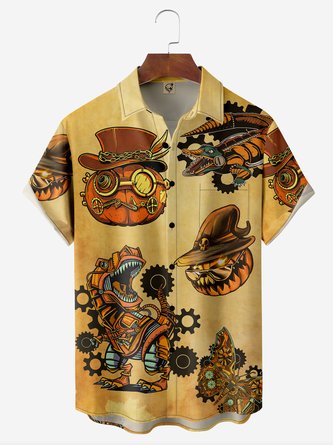 Halloween Pumpkin Dinosaur Chest Pocket Short Sleeve Hawaiian Shirt