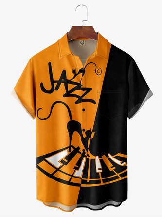 Halloween Jazz Cat Chest Pocket Short Sleeve Casual Shirt
