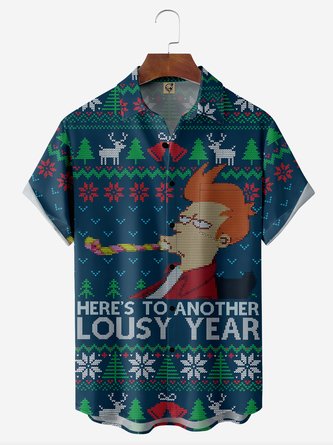 Christmas Chest Pocket Short Sleeve Casual Shirt