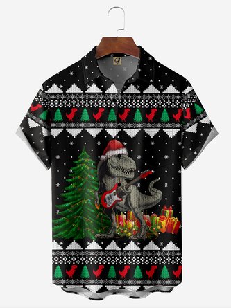 Christmas Christmas Dinosaur Ugly Chest Pocket Short Sleeve Hawaiian Shirt