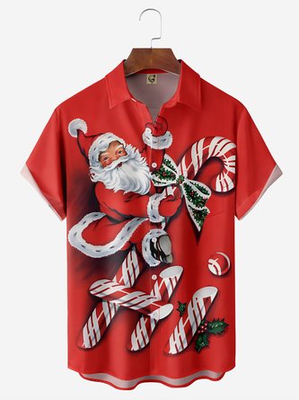 Christmas Santa Candy Cane Chest Pocket Short Sleeve Casual Shirt