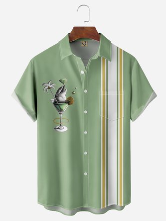 Cocktail Dolphin Chest Pocket Short Sleeve Bowling Shirt
