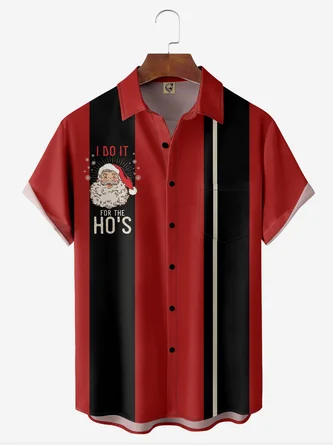 Christmas Santa Claus Ho Chest Pocket Short Sleeve Bowling Shirt