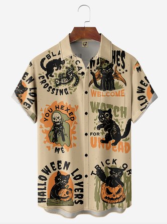 Halloween Cat Chest Pocket Short Sleeve Casual Shirt