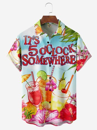 It's 5 o'clock Somewhere Cocktail Chest Pocket Short Sleeve Hawaiian Shirt