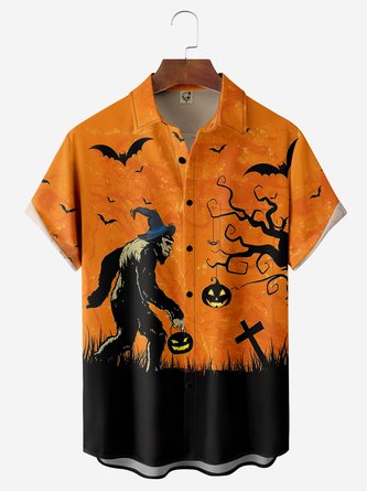 Halloween Pumpkin Bat Chest Pocket Short Sleeve Hawaiian Shirt