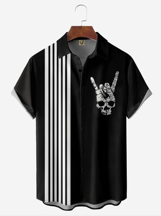 Rock Skull Chest Pocket Short Sleeve Bowling Shirt