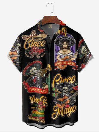 Skull Guitar Chest Pocket Short Sleeve Casual Shirt
