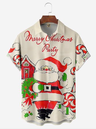 Christmas Santa Chest Pocket Short Sleeve Casual Shirt