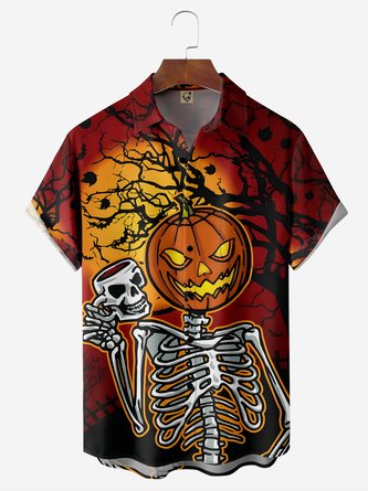 Halloween Skull Pumpkin Chest Pocket Short Sleeve Hawaiian Shirt