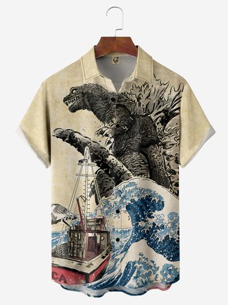 Japanese Ukiyo-e Ocean Wave Chest Pocket Short Sleeve Hawaiian Shirt