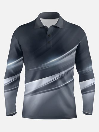 Abstract Gradient Geometric Button Long Sleeve Casual Polo Shirt