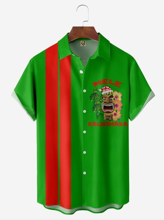 Christmas TIKI Chest Pocket Short Sleeve Bowling Shirt