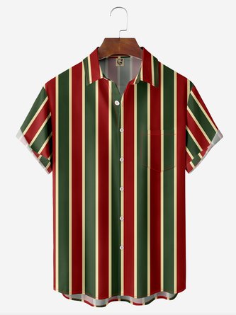 Christmas Striped Chest Pocket Short Sleeve Casual Shirt