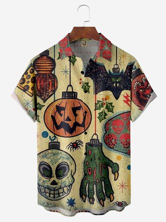 Mid Century Halloween Pumpkin Skeleton Chest Pocket Short Sleeve Hawaiian Shirt