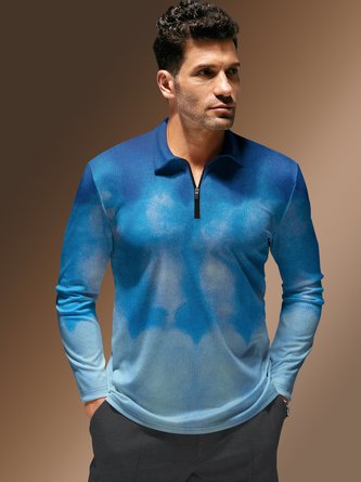 Smudged Gradient Zip Long Sleeves Casual Polo Shirt