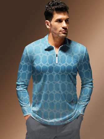 Geometric Stripes Zip Long Sleeves Casual Polo Shirt