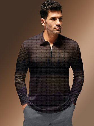 3D Gradient Geometric Zipper Long Sleeves Casual Polo Shirt