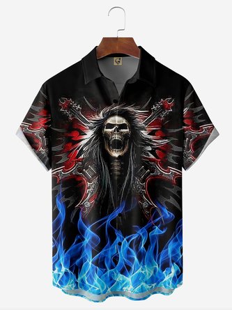Rock Skull Flame Chest Pocket Short Sleeve Casual Shirt