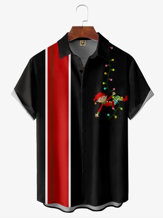Christmas Elf Chest Pocket Short Sleeve Bowling Shirt