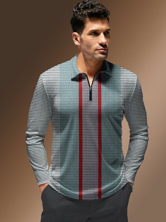Geometric Color Block Zip Long Sleeve Casual Bowling Polo Shirt